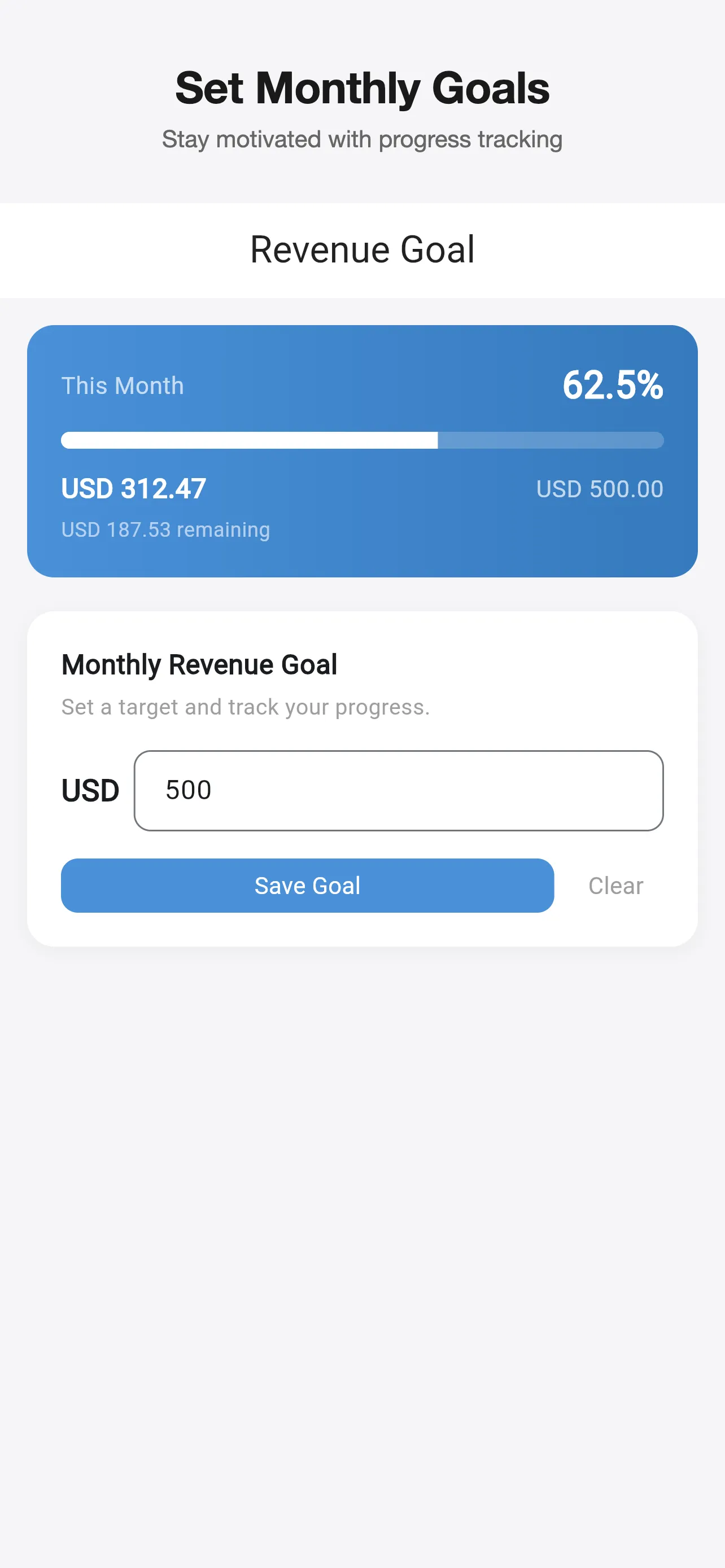 Screenshot 4 – Monthly revenue goal with progress tracking