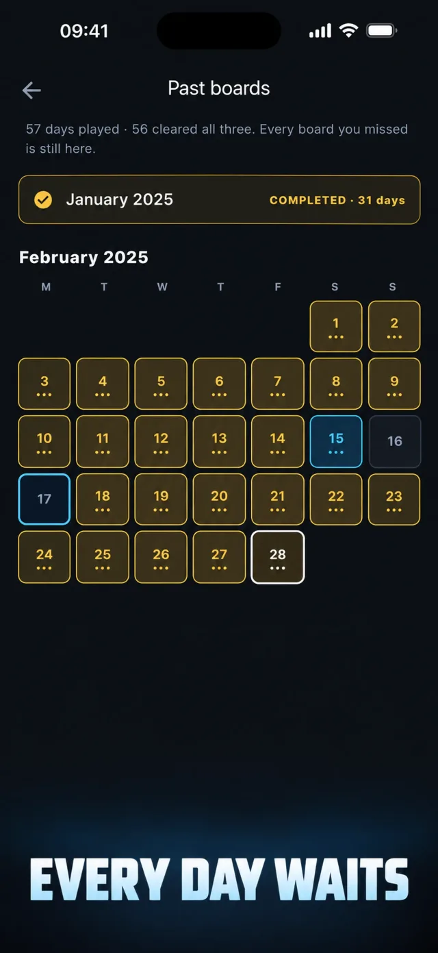 Chainfall past boards - every daily since launch, still playable