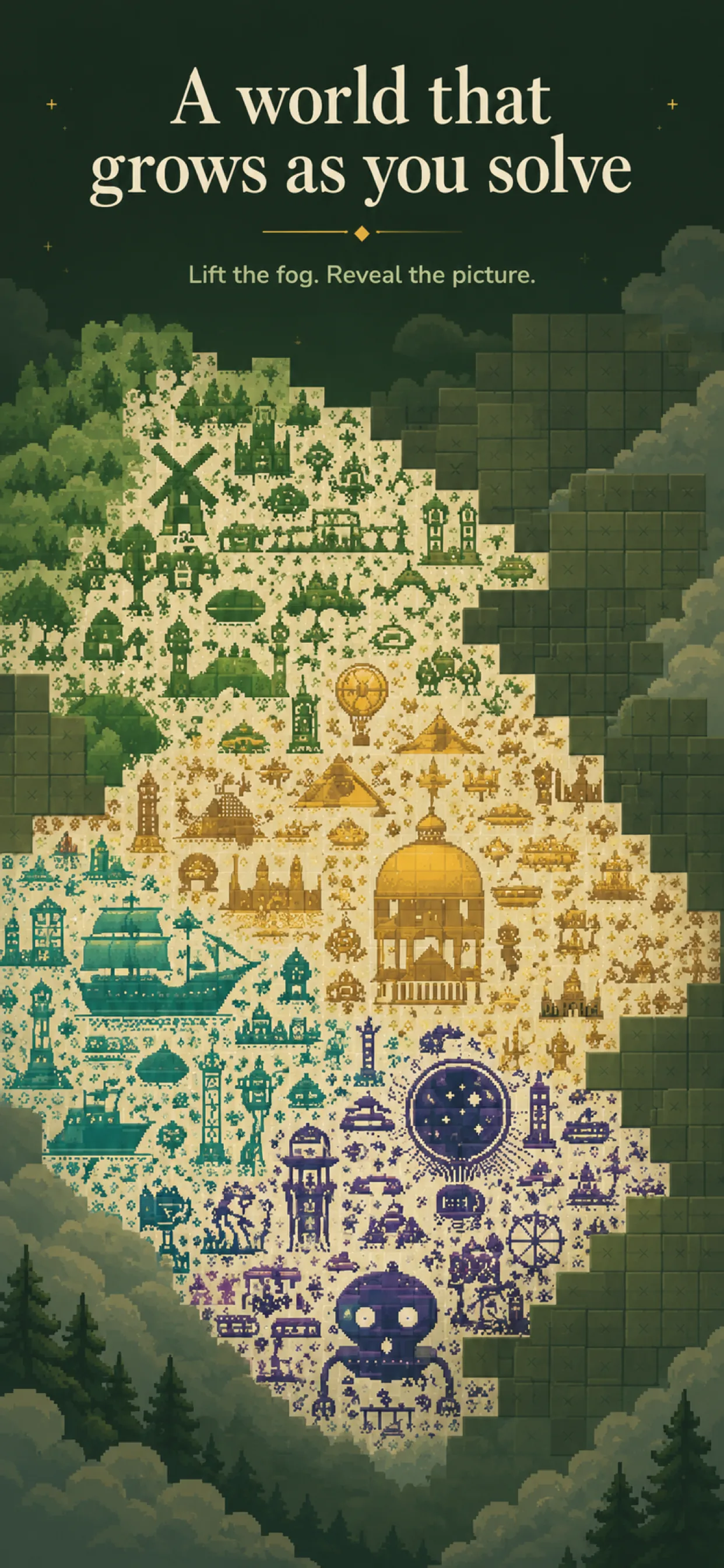 Screenshot 1 – A world that grows as you solve: lift the fog to reveal a vast pixel-art mosaic