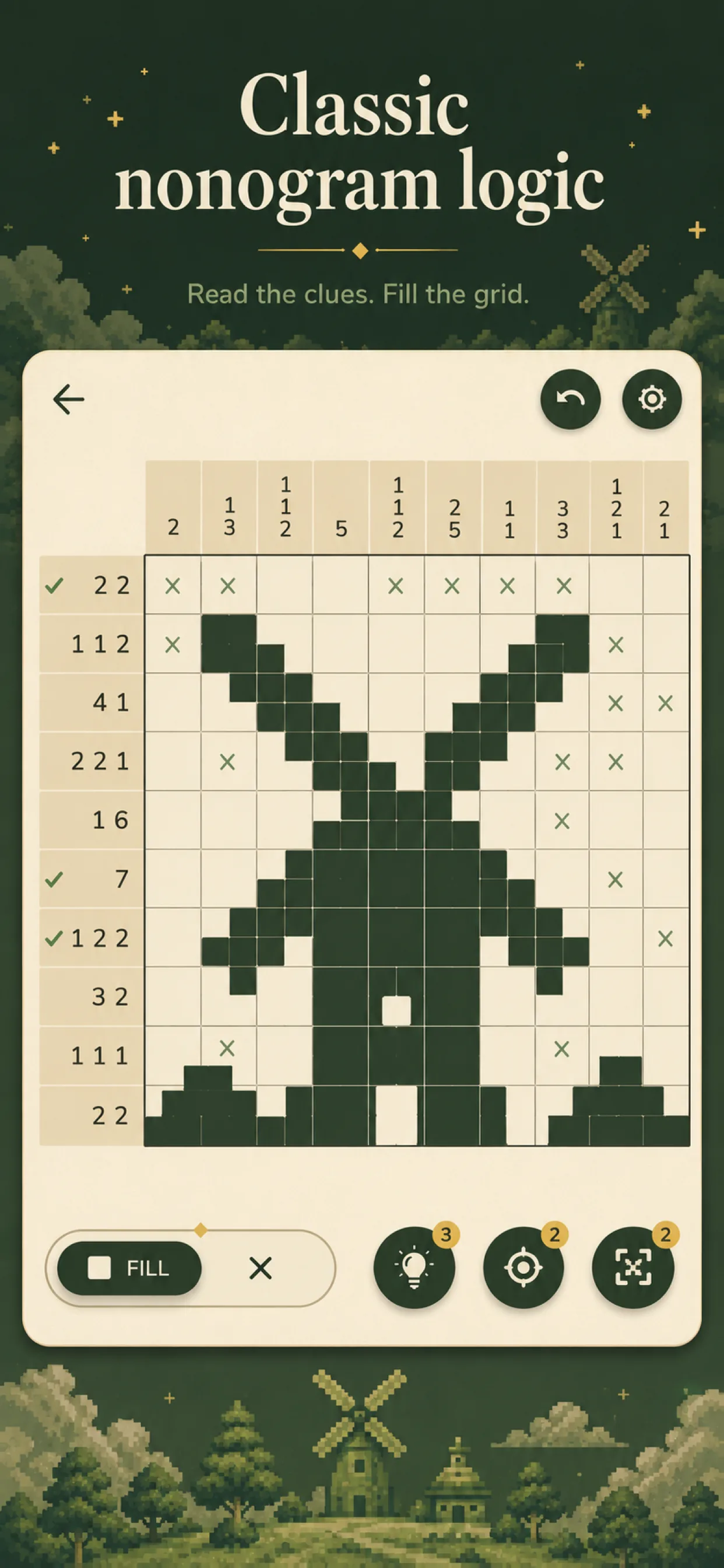 Screenshot 2 – Classic nonogram logic: read the row and column clues and fill the grid