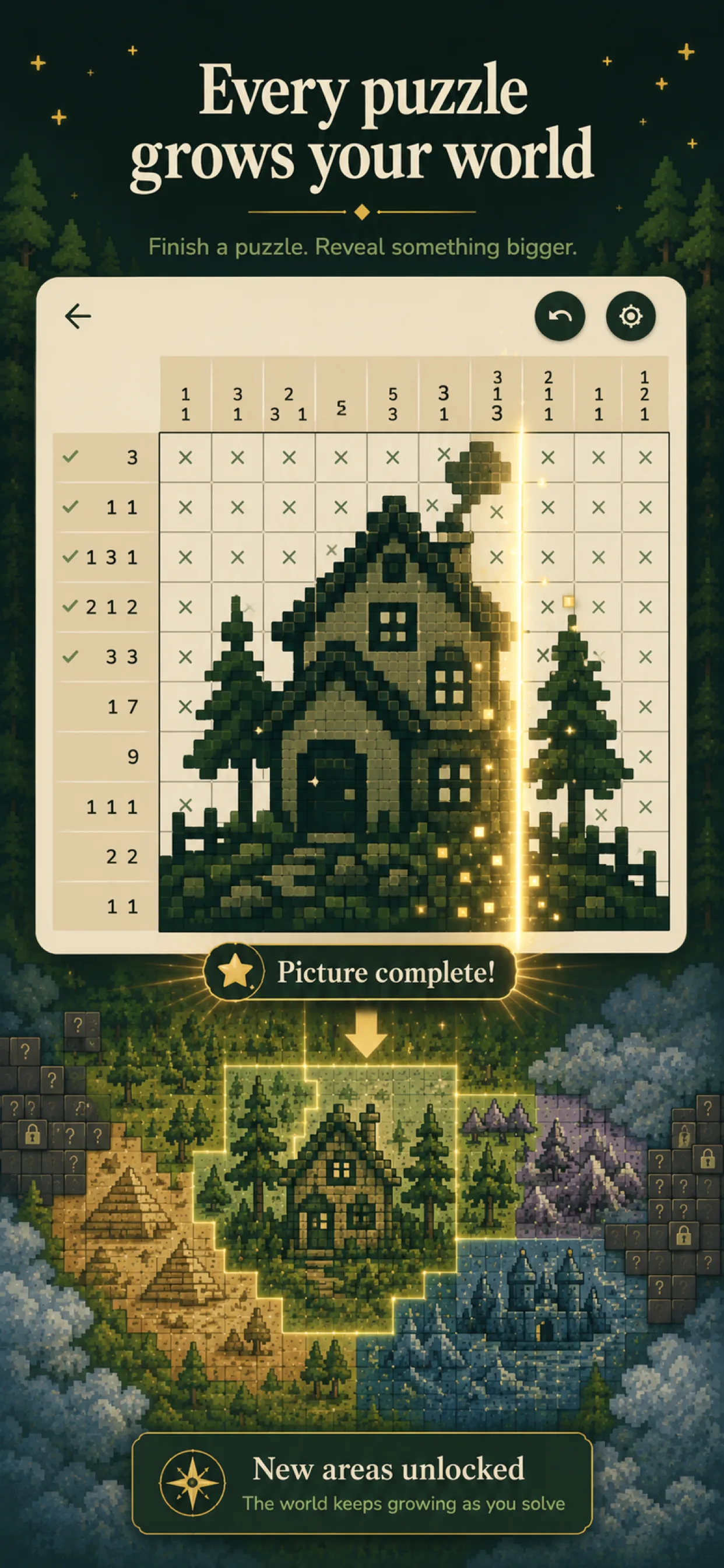 Screenshot 3 – Every puzzle grows your world: completing a picture unlocks new areas
