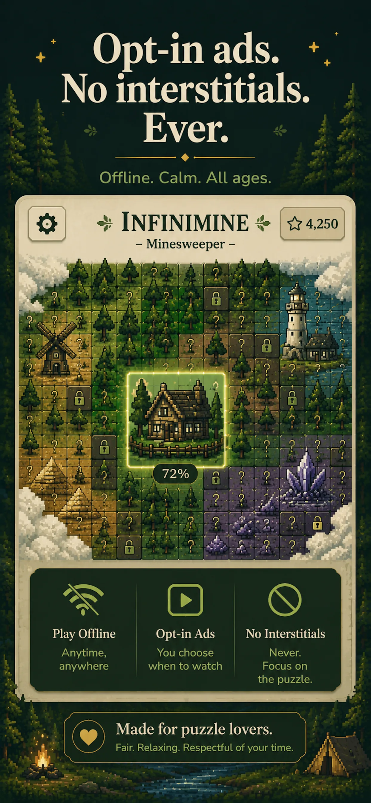 Screenshot 5 – Opt-in ads and no interstitials: play offline, calm, and suitable for all ages