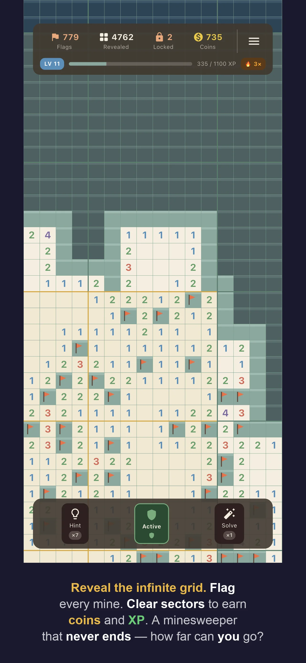 Screenshot 1 – Infinite minesweeper grid with sectors