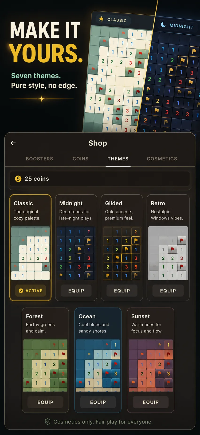 Screenshot 7 – Seven unlockable board themes: pure cosmetic style, no gameplay edge