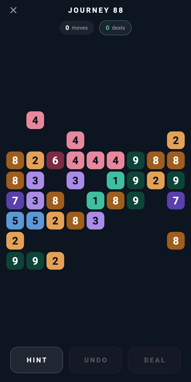 Solvable gameplay - coloured number tiles paired when equal or summing to ten
